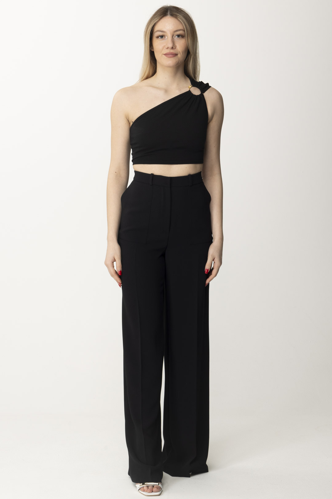 Preview: Elisabetta Franchi One-Shoulder Crop Top with Ring Nero
