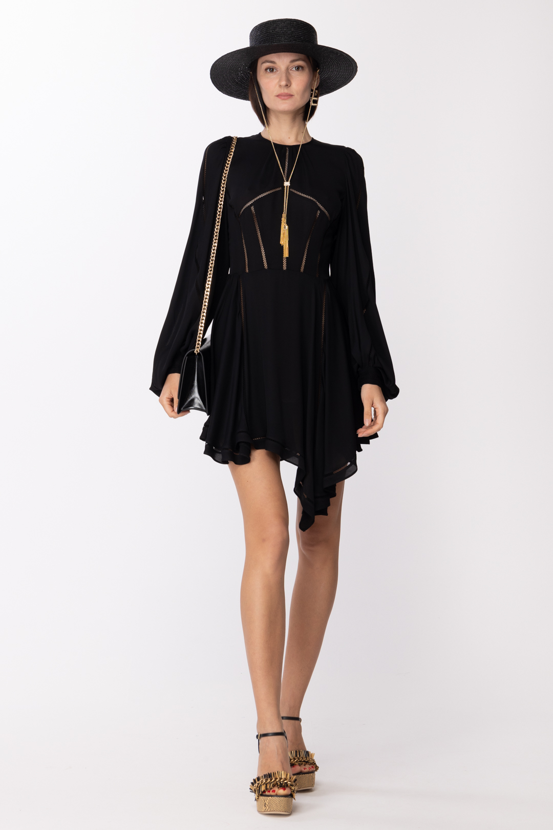 Preview: Elisabetta Franchi Asmmetrical mini dress with jour embroidery Nero