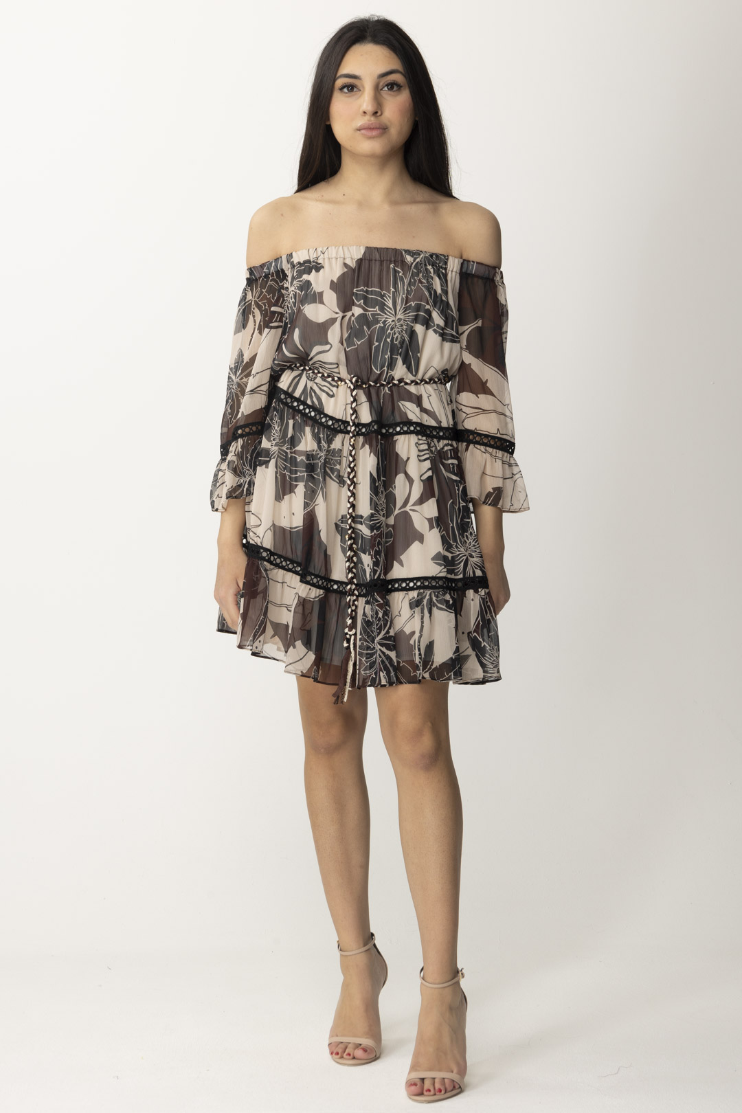 Preview: Twin-Set Printed off-shoulder mini dress ST EXOTIC BITTER CHOCOLATE