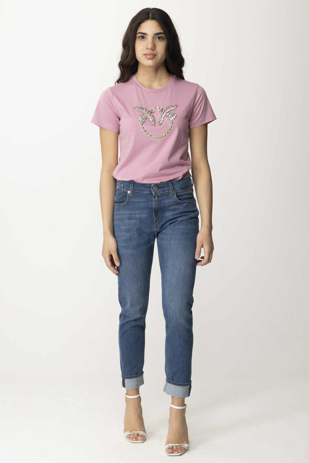 Anteprima: Pinko T-shirt in cotone con maxi logo ricamato FUMO ORCHIDEA