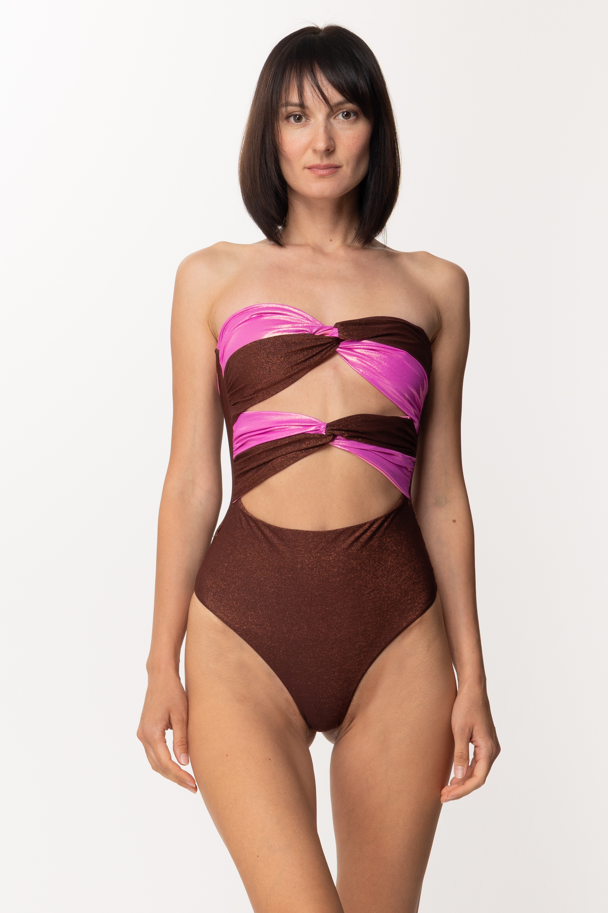 Preview: MALI BEACHWEAR Lurex swimsuit with cut-out details BRONZO/FUCSIA