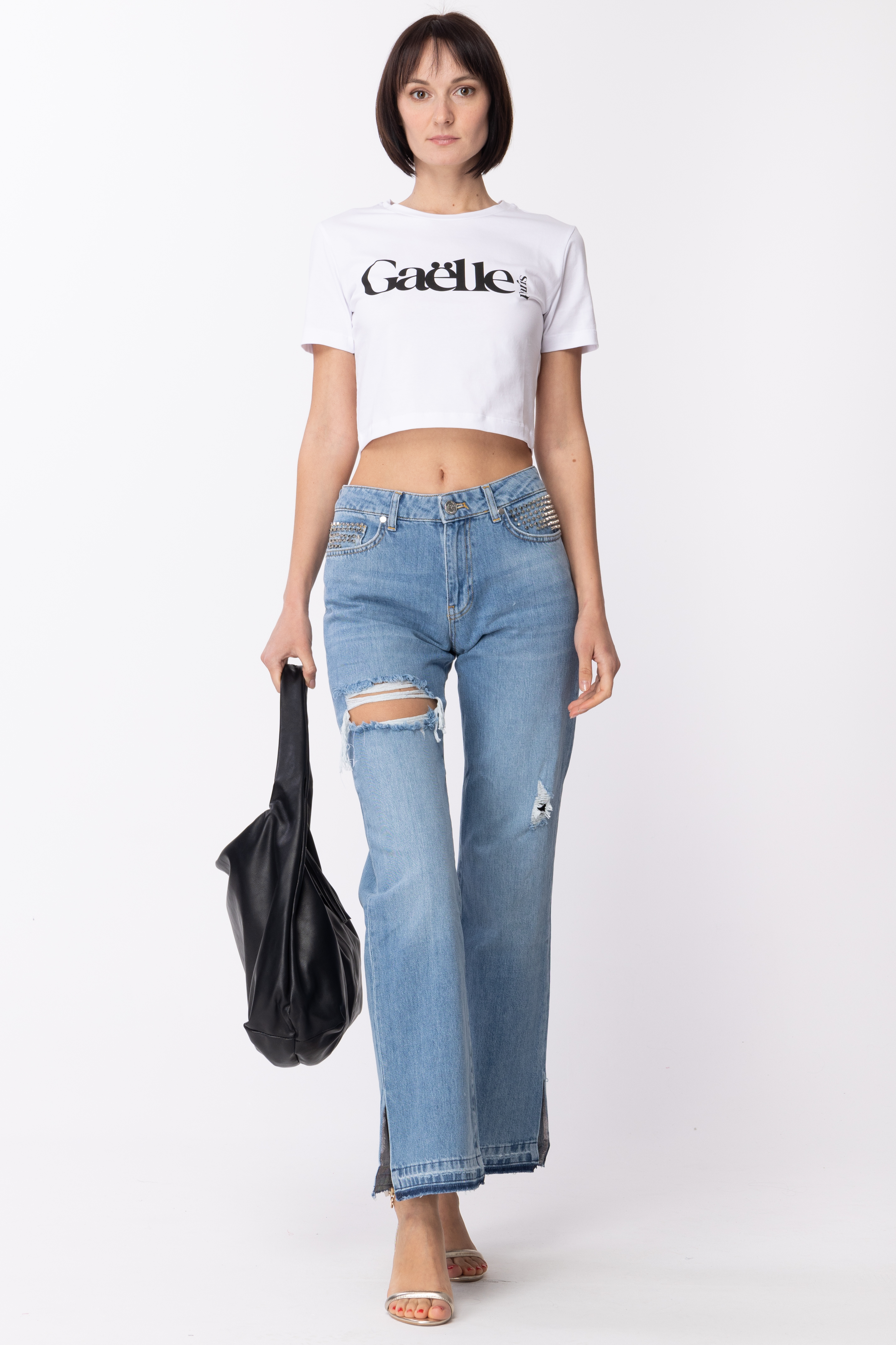 Preview: Gaelle Paris Cropped t-shirt with logo print Bianco