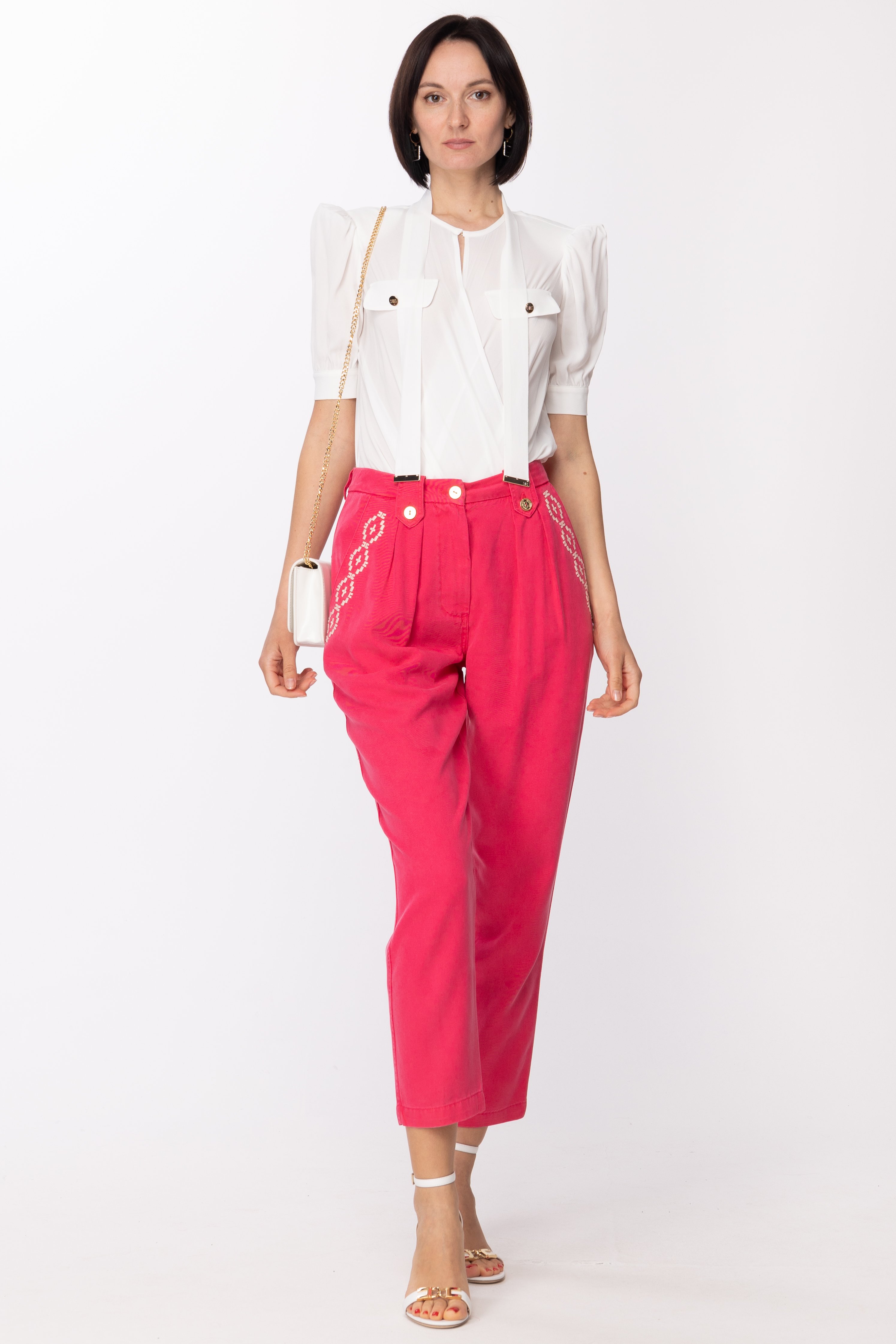 Preview: Elisabetta Franchi Cigarette trousers with embroidery on pockets Fuxia/Burro