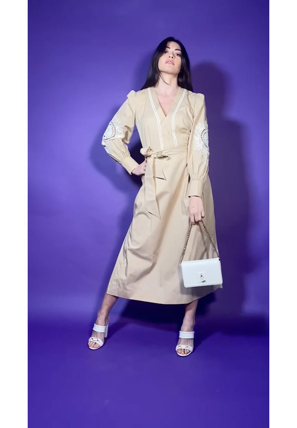 Preview: Twin-Set Long muslin dress with embroidery and belt CUBAN SAND