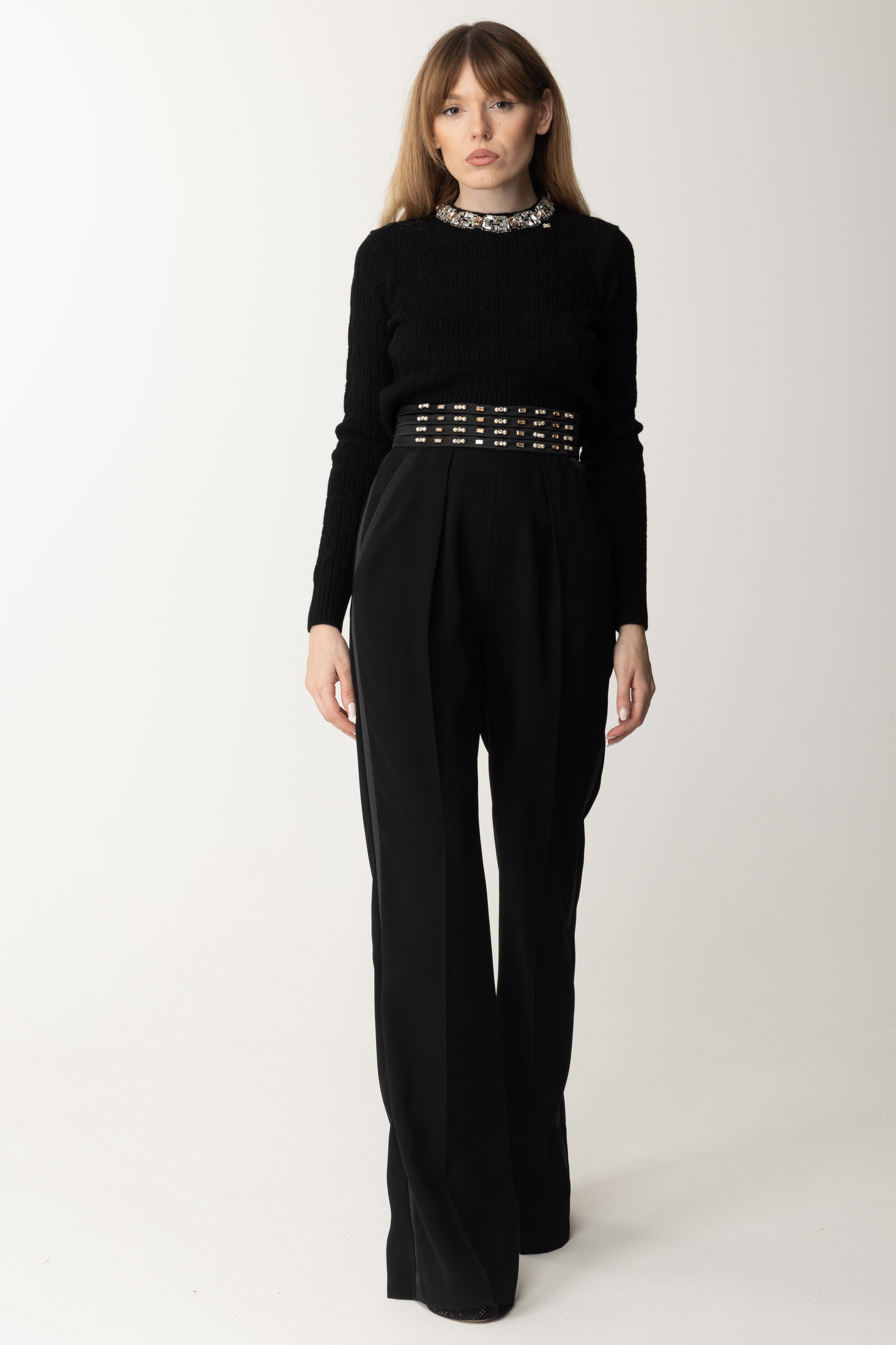 Preview: Elisabetta Franchi Wool sweater with embroidered collar Nero