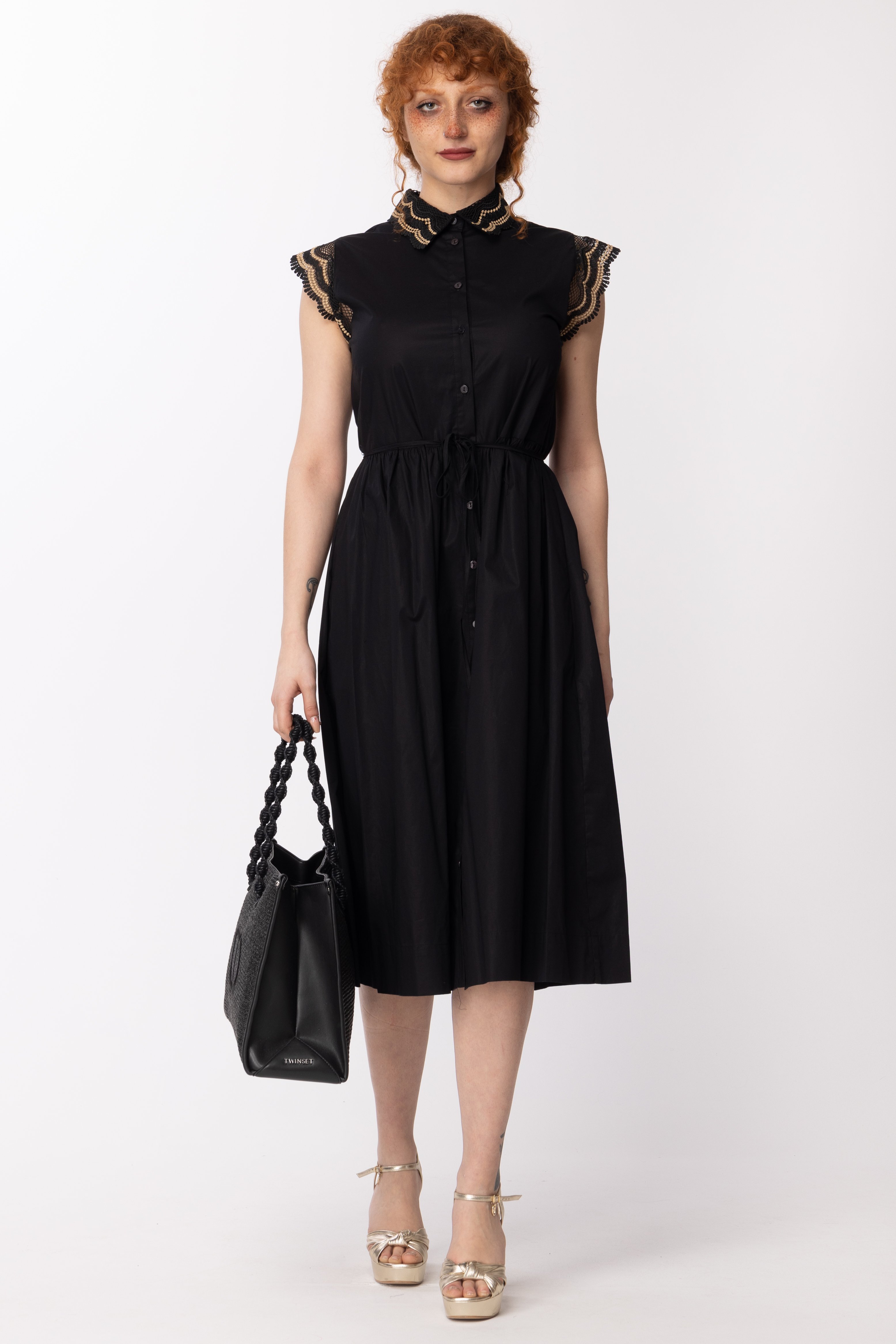 Preview: Twin-Set Chemisier dress with lace details RIC NERO/BEIGE