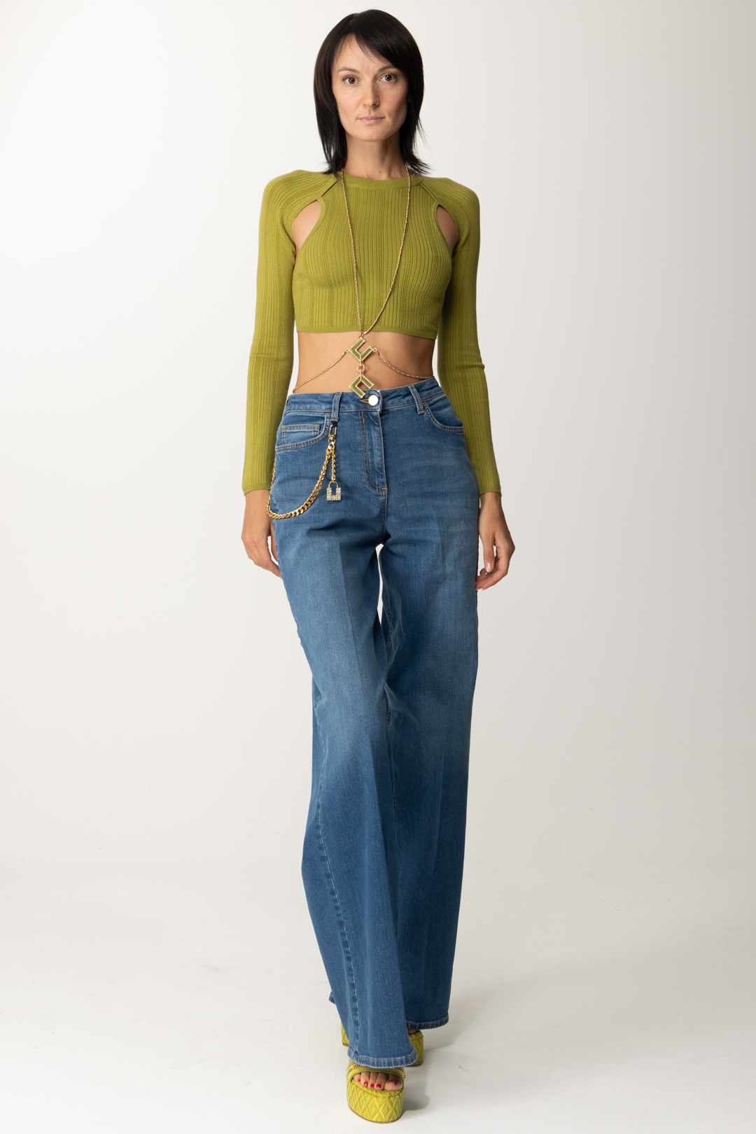 Preview: Elisabetta Franchi Ribbed crop top with cut-out OLIVE OIL