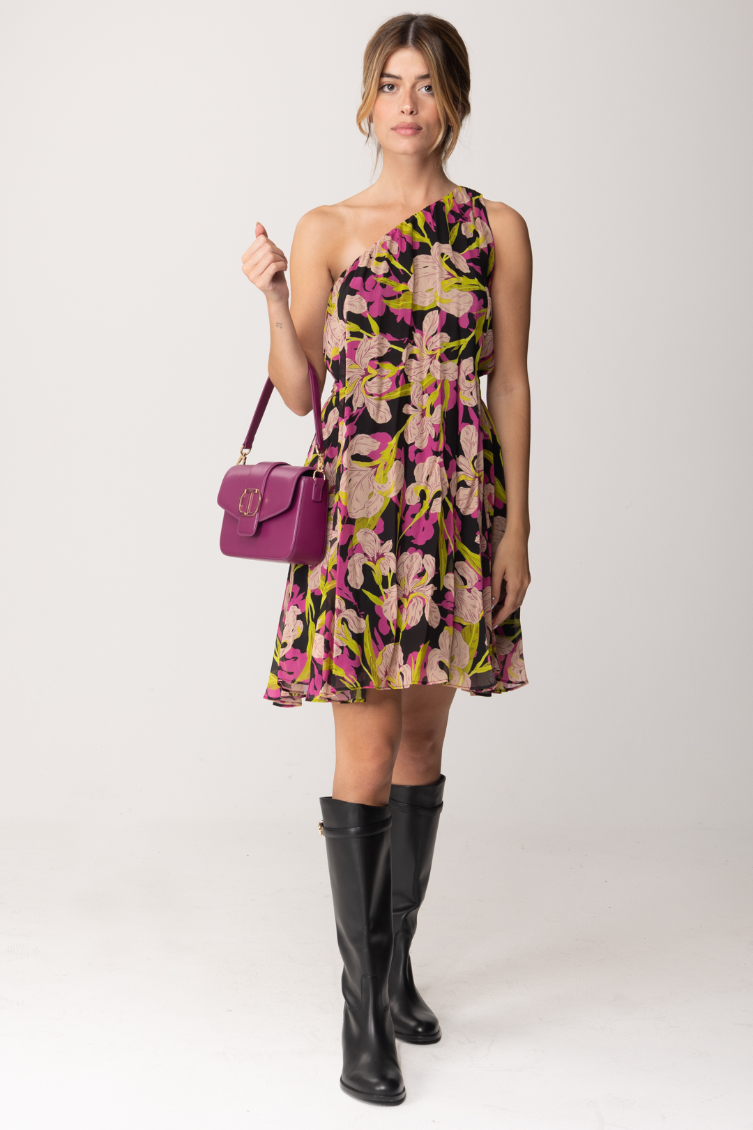 Preview: Pinko One-shoulder dress with floral print MULT NERO/FUXIA