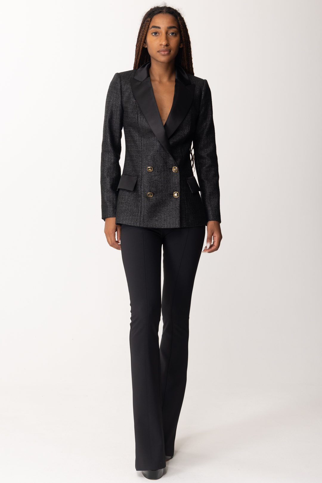 Preview: Elisabetta Franchi Laminated tweed double-breasted jacket Nero
