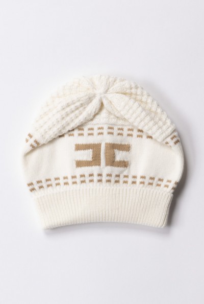 ELISABETTA FRANCHI BAMBINA  Knitted hat with contrasting logo ENCP053CFL001.D348 IVORY/SAND