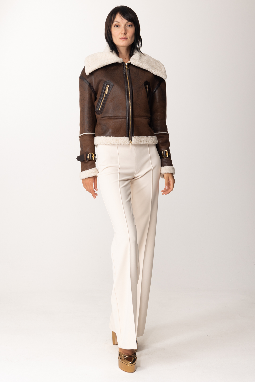 Preview: Elisabetta Franchi Eco shearling jacket with maxi collar CIOCCOLATO