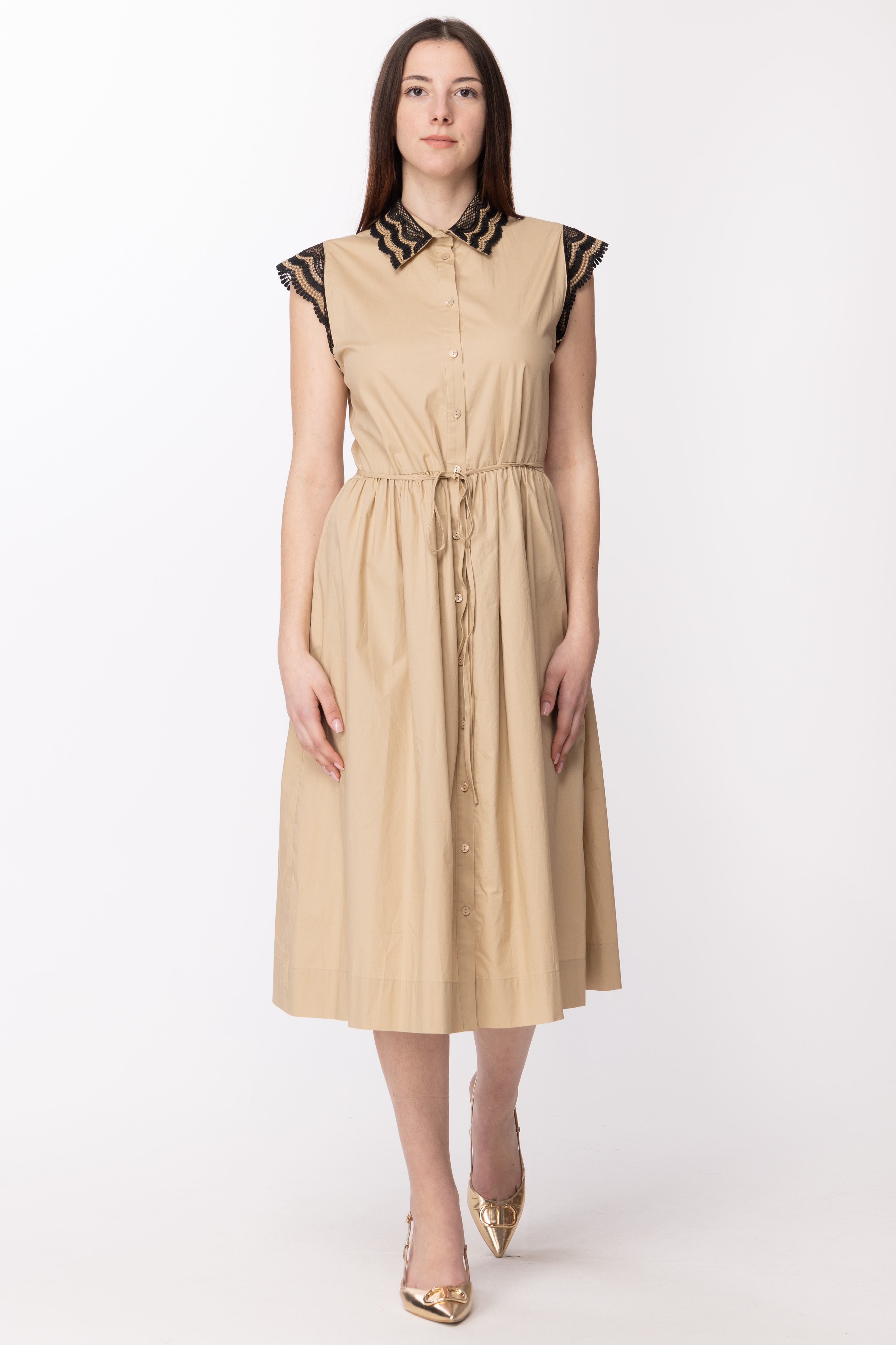 Preview: Twin-Set Chemisier dress with lace details RIC BEIGE/NERO