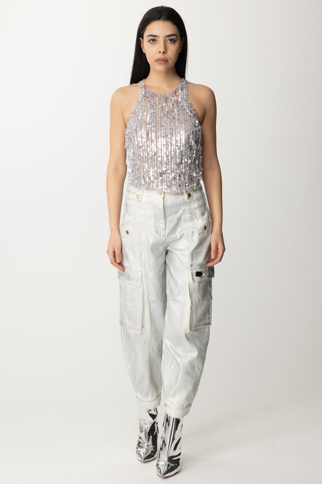 Preview: Elisabetta Franchi Crop top with beaded fringes Silver