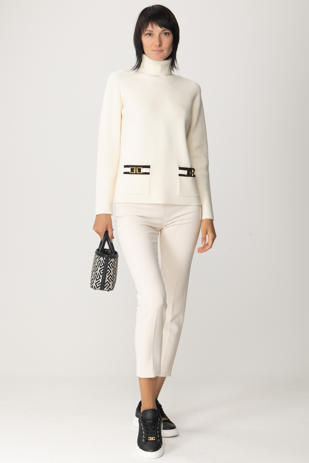 Preview: Elisabetta Franchi Turtleneck with branded clamps Burro/Nero