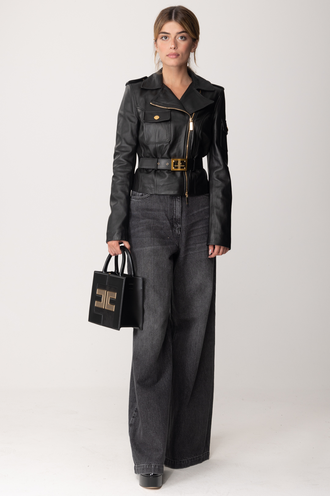 Preview: Elisabetta Franchi Short leather jacket with belt Nero