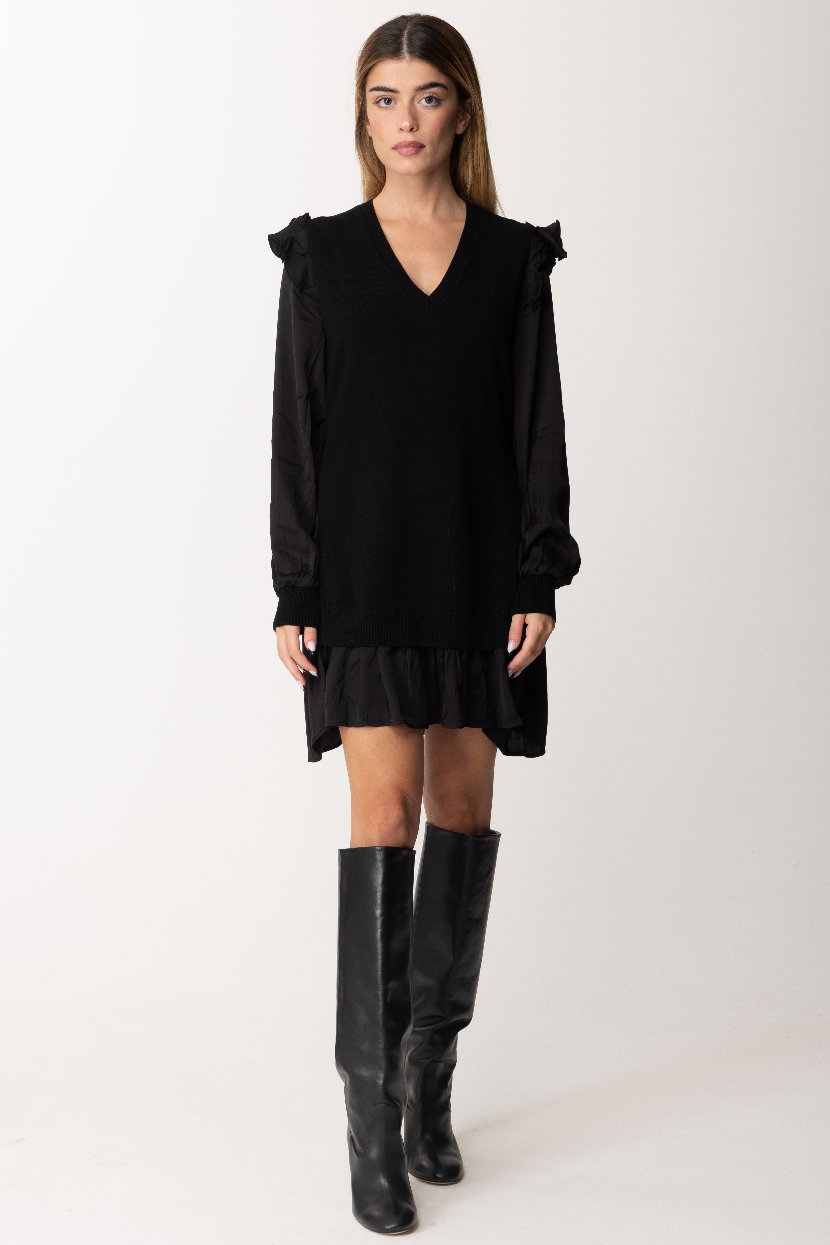 Preview: Twin-Set Knitted dress with flounce and fabric sleeves Nero