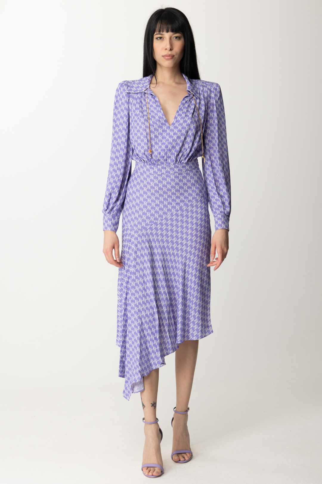 Preview: Elisabetta Franchi Asymmetric Logo Print Midi Dress IRIS/BURRO