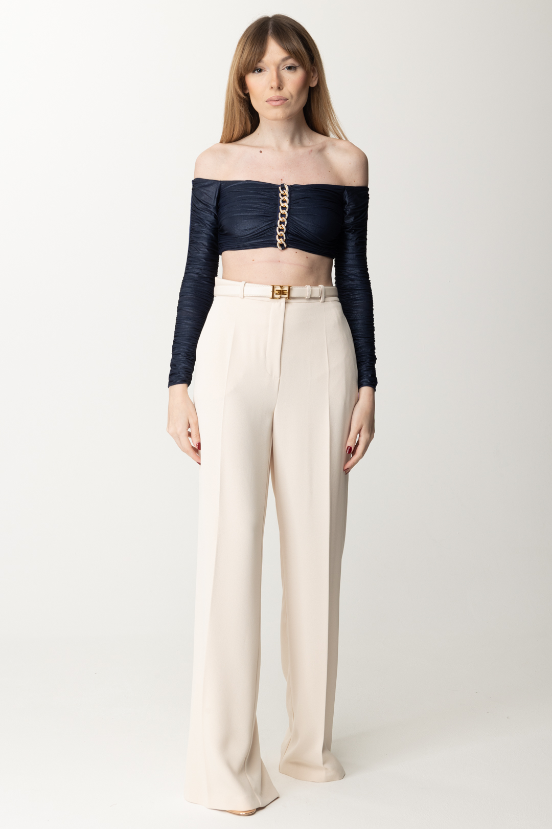 Preview: Elisabetta Franchi Laminated jersey crop top with chain Inchiostro