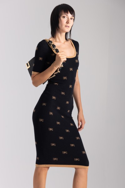 Elisabetta Franchi  Dzianinowa sukienka midi z paskiem i nadrukiem logo AM99S36E2 NERO/CARAMELLO