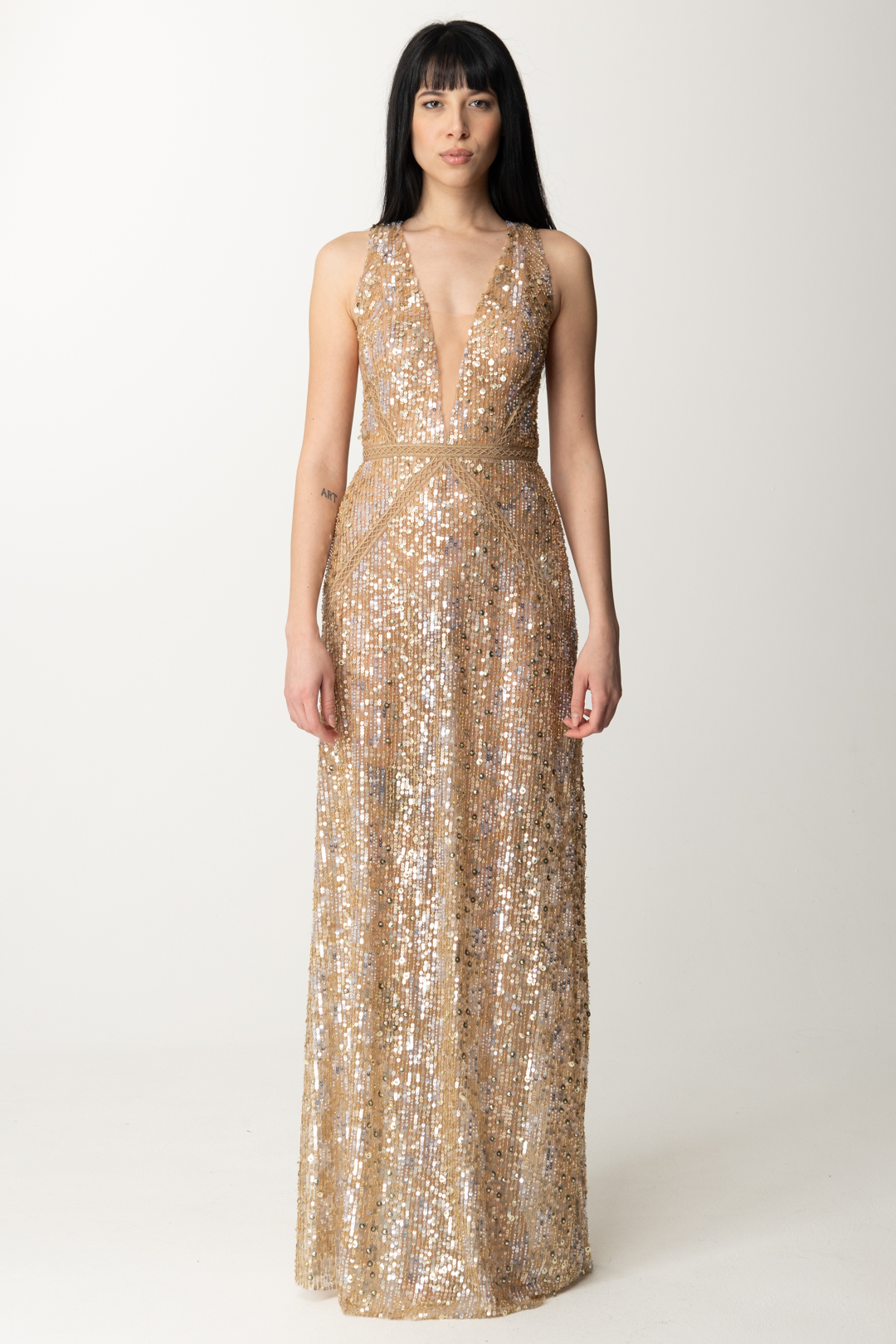 Preview: Elisabetta Franchi Red Carpet Full Sequin Dress with Cutout Embroidery Oro