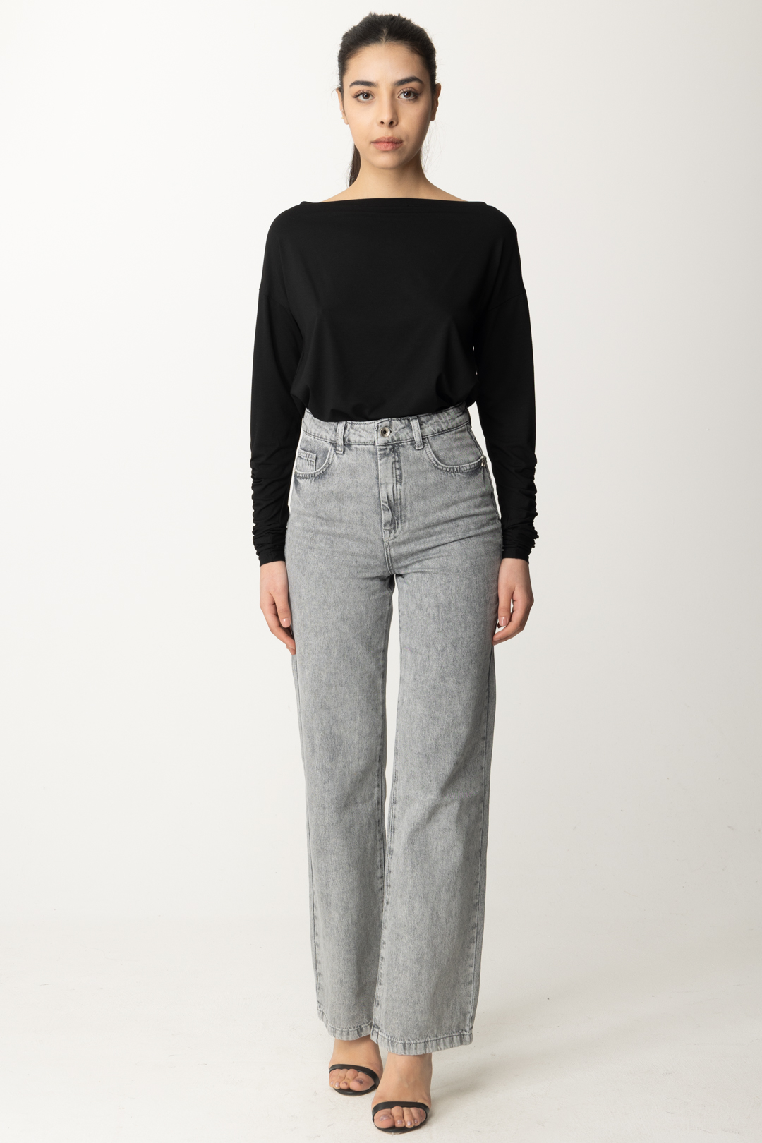 Preview: Patrizia Pepe Sweater with boat neckline and gathers Nero