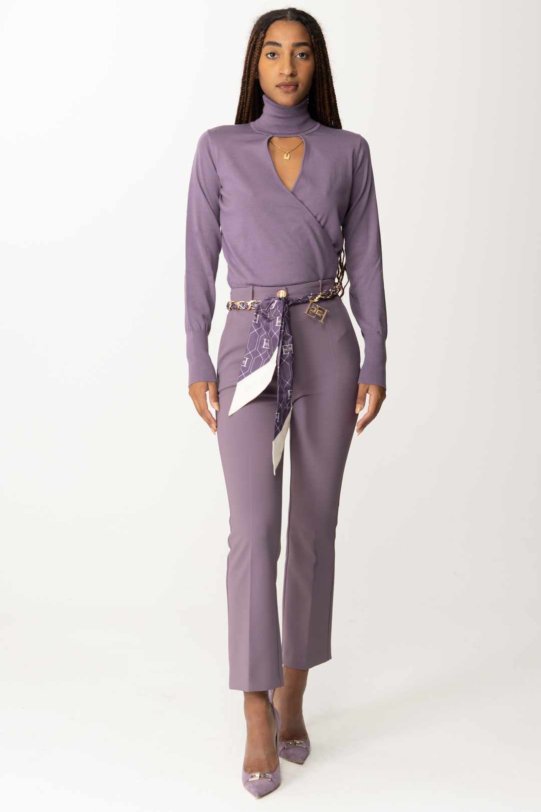 Preview: Elisabetta Franchi Turtleneck Sweater with Cut-Out and Chain CANDY VIOLET