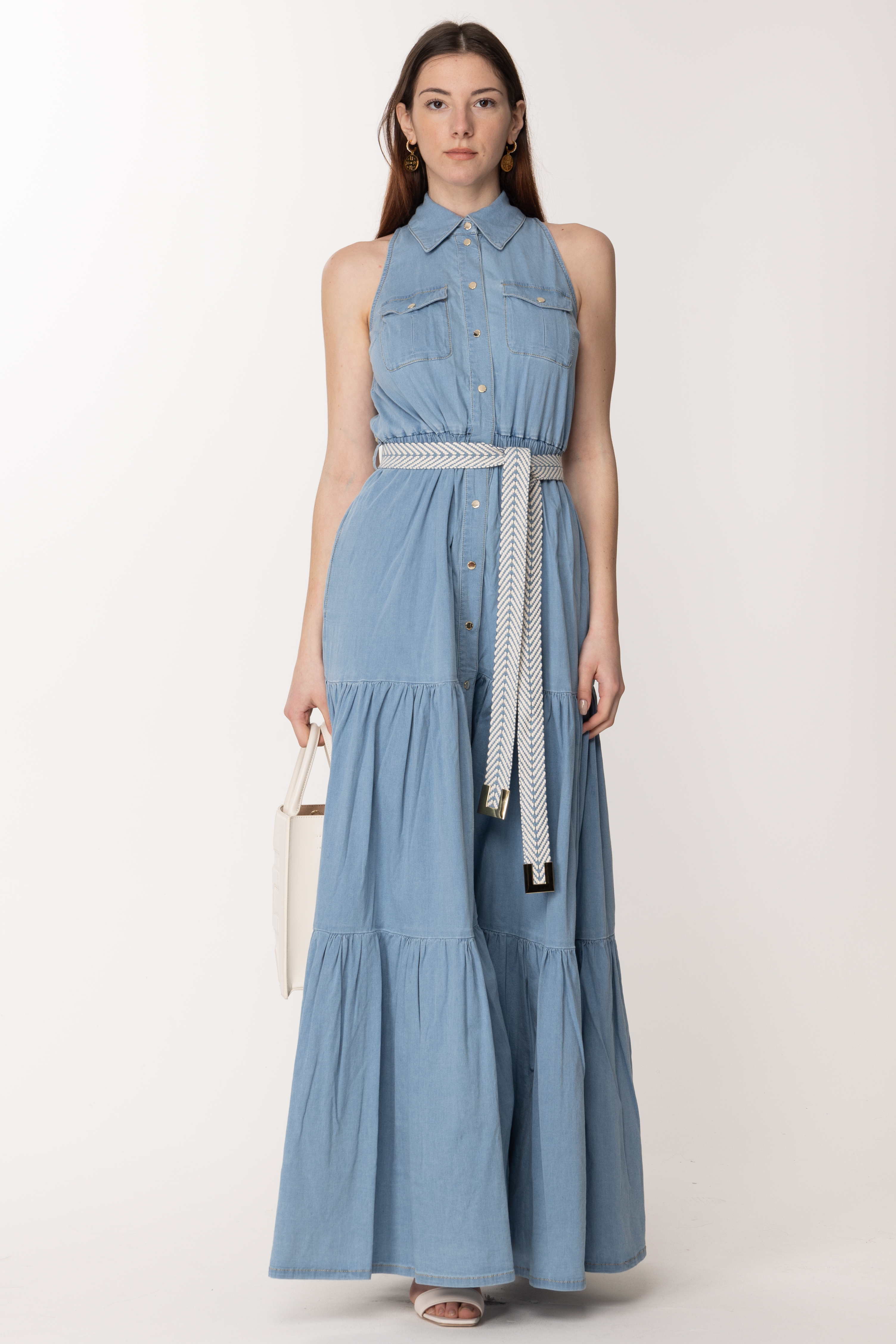 Preview: Elisabetta Franchi Denim ruffle dress with belt Light blue