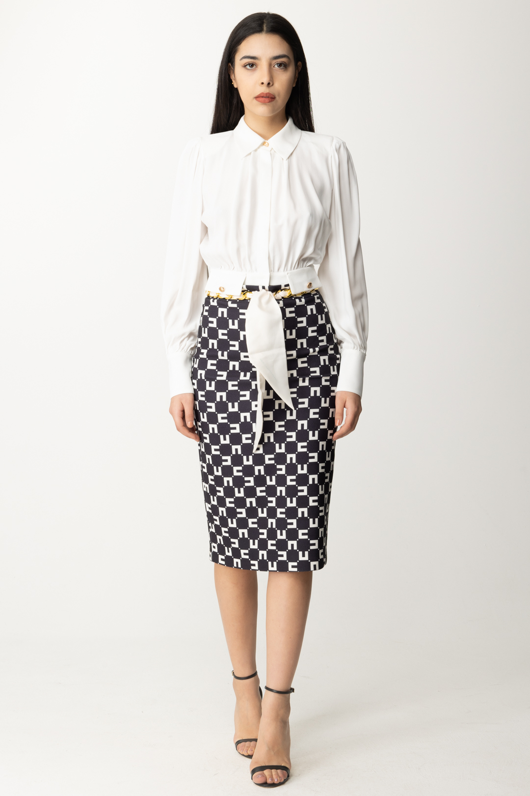 Preview: Elisabetta Franchi Logo-print pencil skirt with belt Nero/Burro