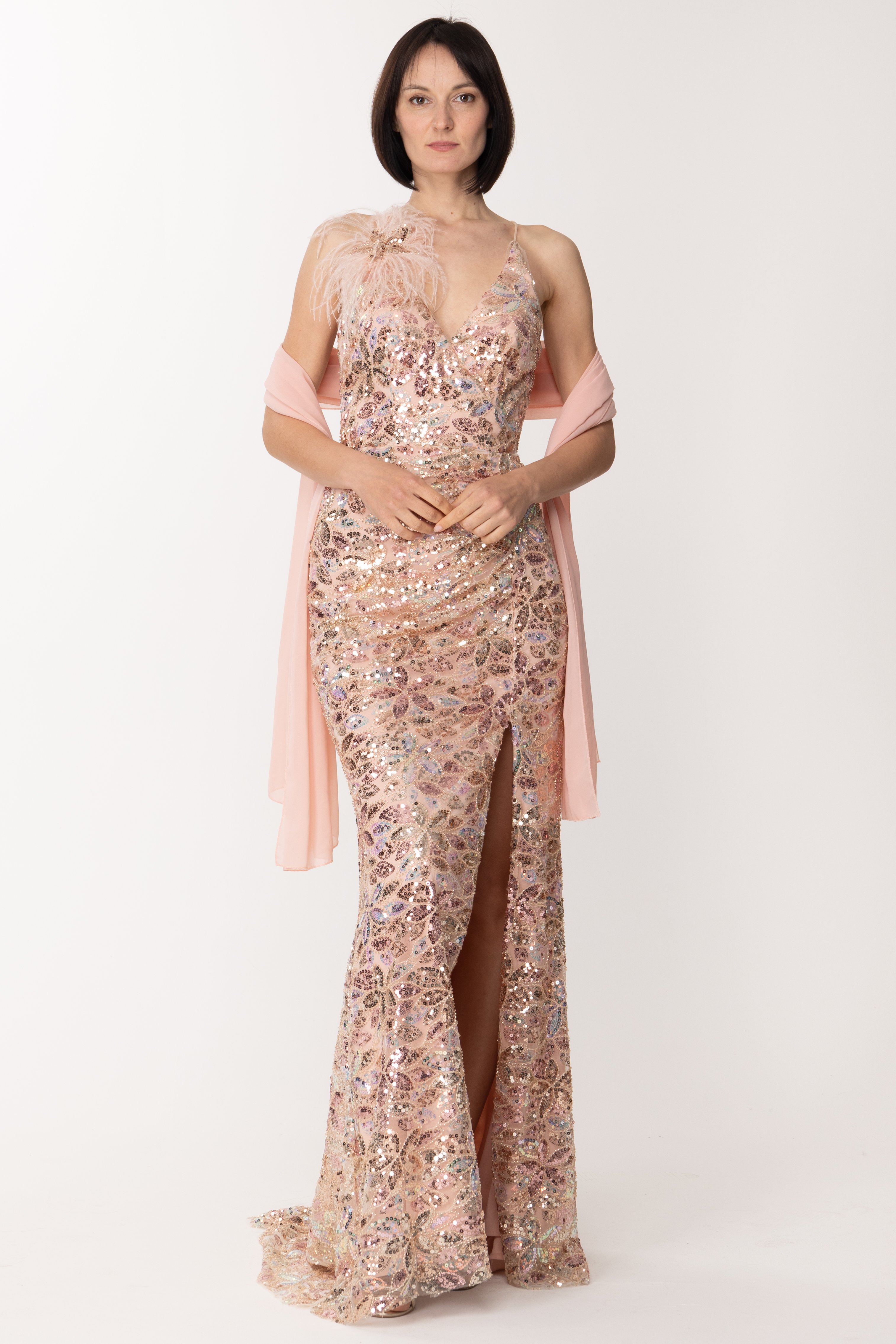 Vorschau: Fabiana Ferri Langes Kleid mit Pailletten und Feder-Accessoire Rosa