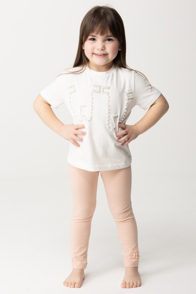 ELISABETTA FRANCHI BAMBINA  T-shirt with rhinestone and pearl embroidery EFTS2020JE006.0000 LIGHT CREAM