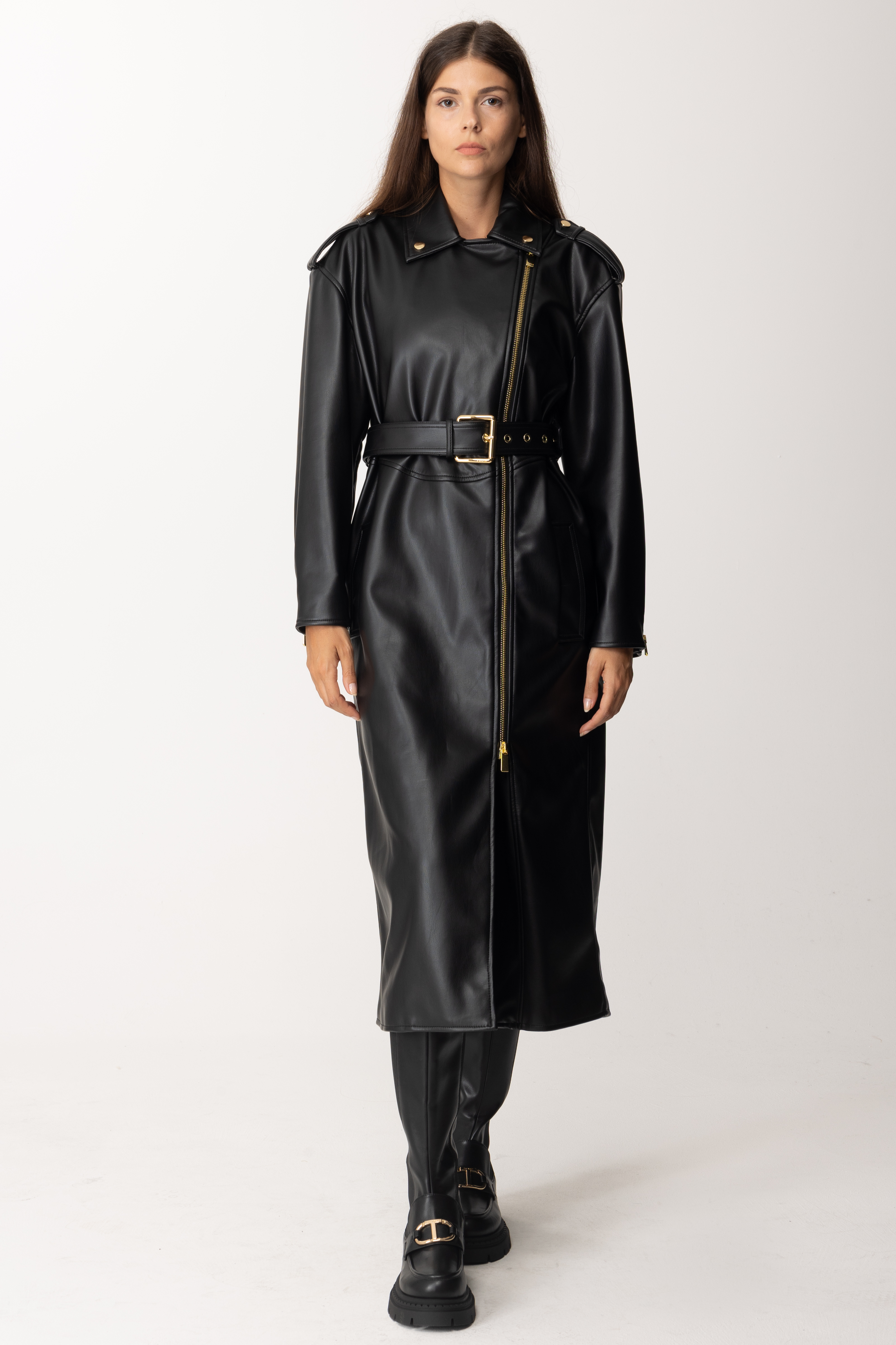 Preview: Pinko Long leather trench coat NERO LIMOUSINE