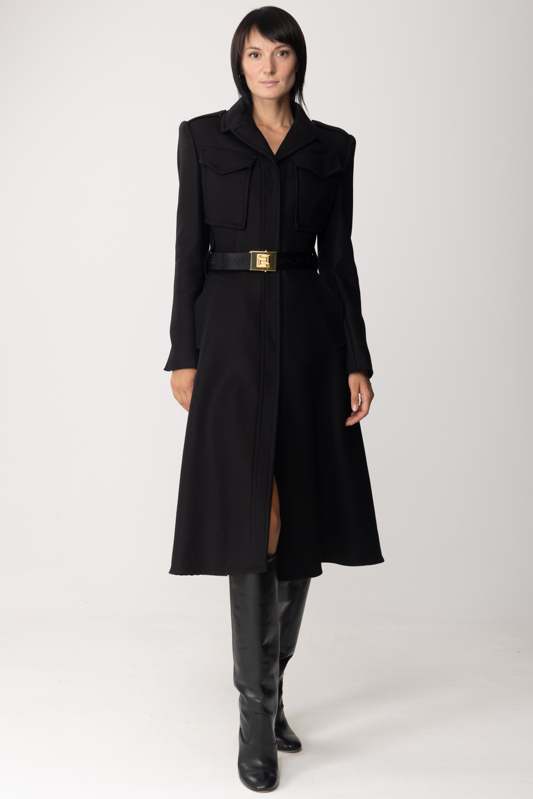 Preview: Elisabetta Franchi Redingote cut-out coat with belt Nero