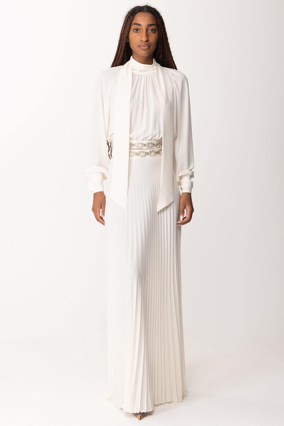 Preview: Elisabetta Franchi Long pleated skirt with embroidery Burro