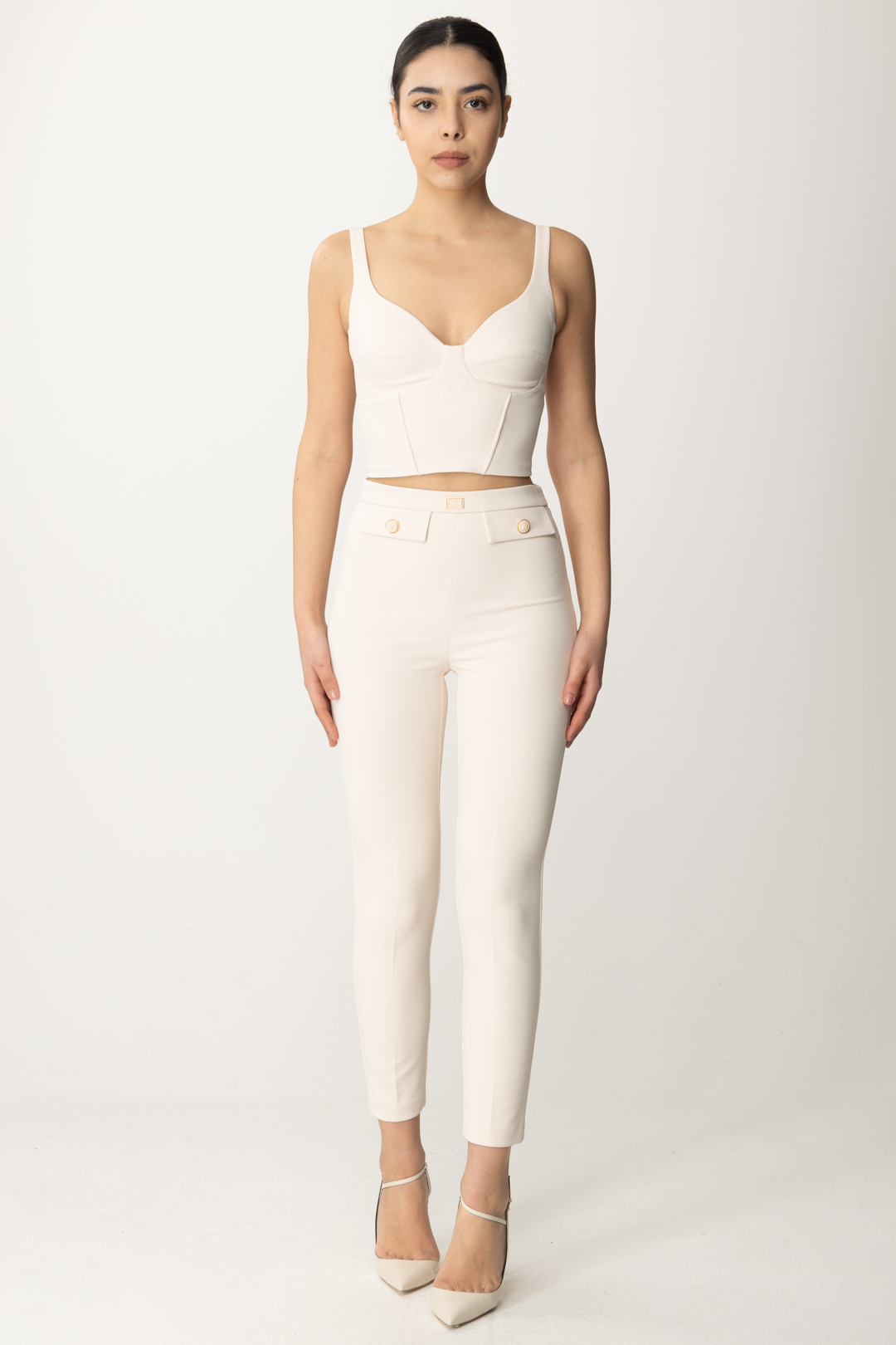 Preview: Elisabetta Franchi Stretch crepe trousers with flaps Burro