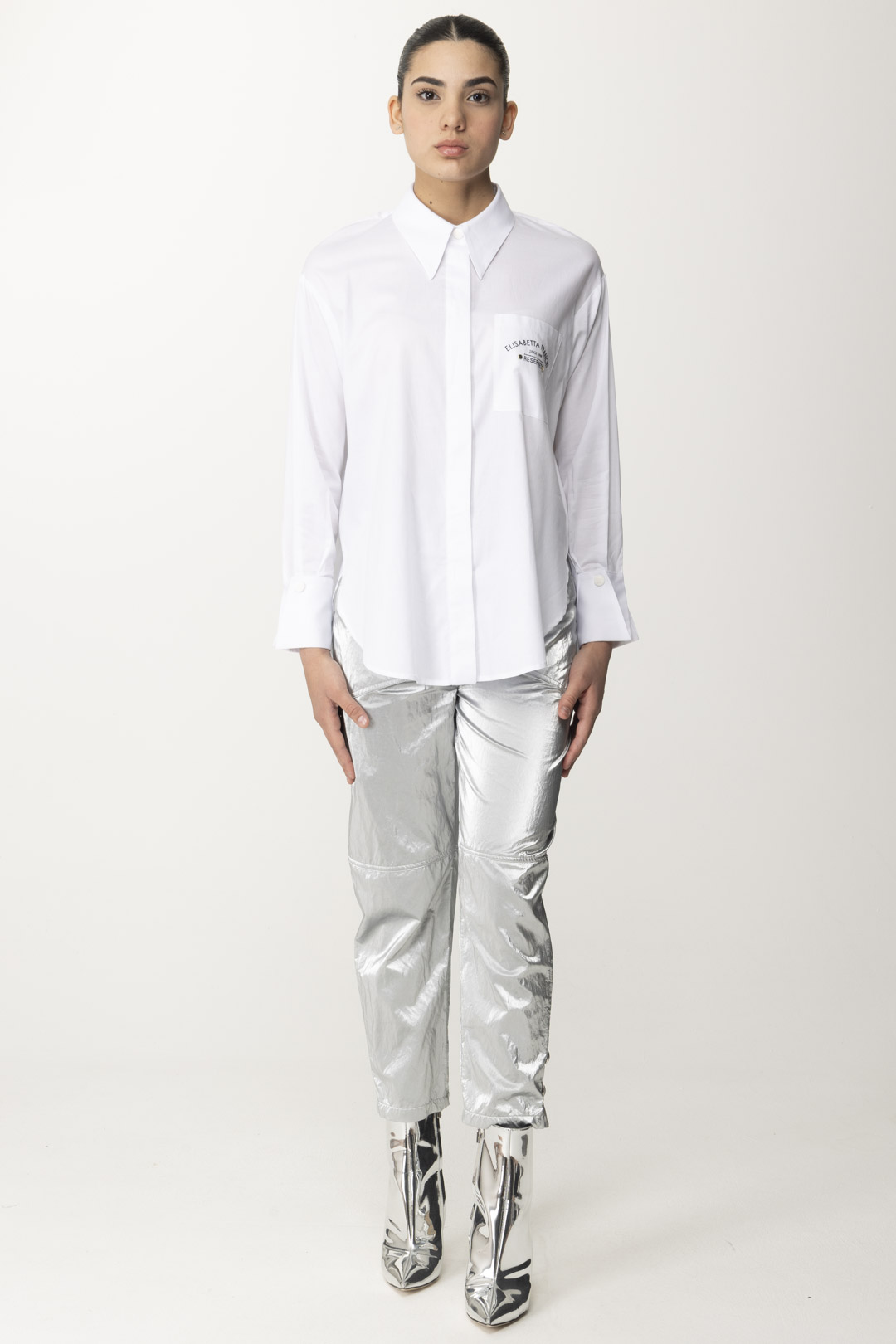 Preview: Elisabetta Franchi Flared Shirt with Reserved Embroidery Bianco