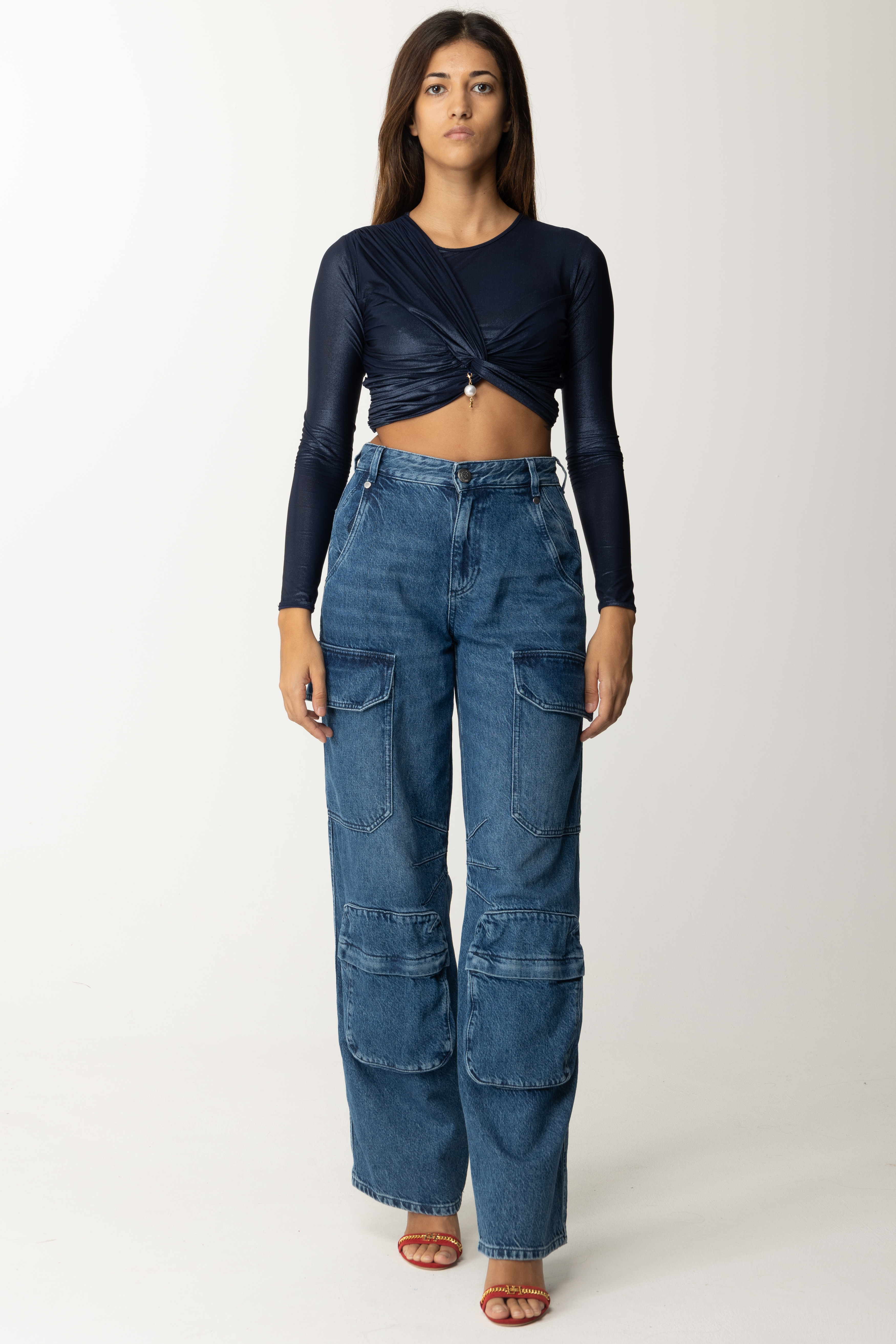 Preview: Elisabetta Franchi Cropped sweater in laminated jersey Inchiostro