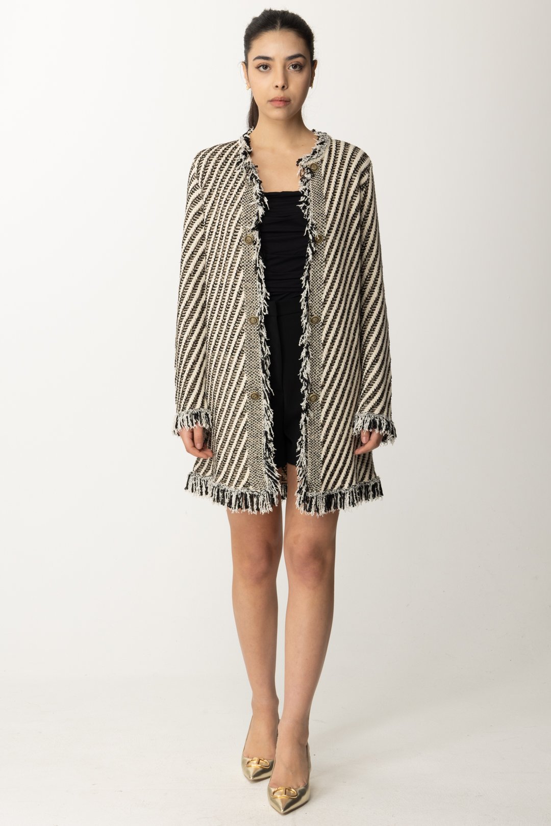 Preview: Twin-Set Striped knit coat with fringes JACQUARD STRIPES NEVE/NERO/LUR