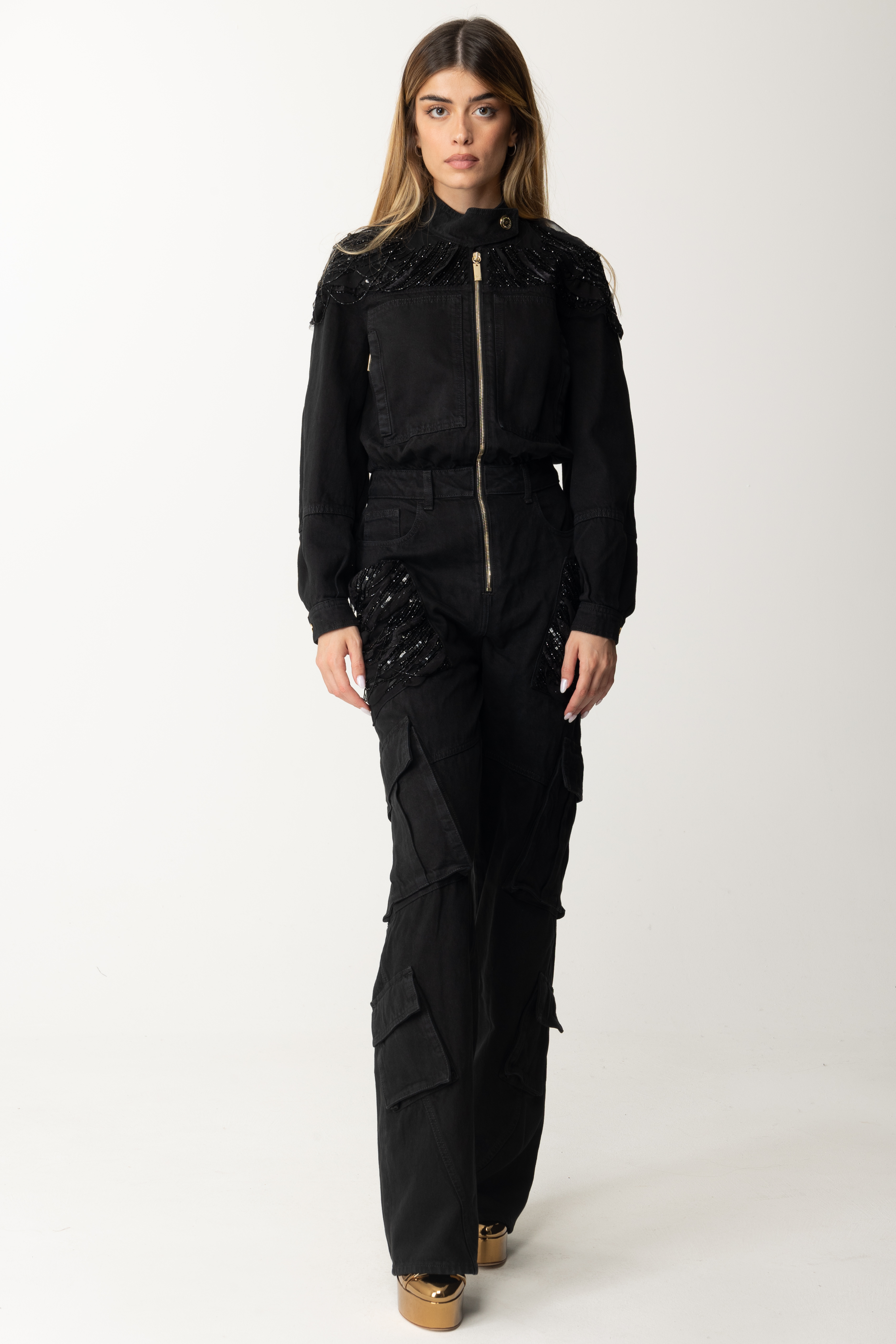 Preview: Elisabetta Franchi Sequin-Embellished Utility Denim Jumpsuit Nero