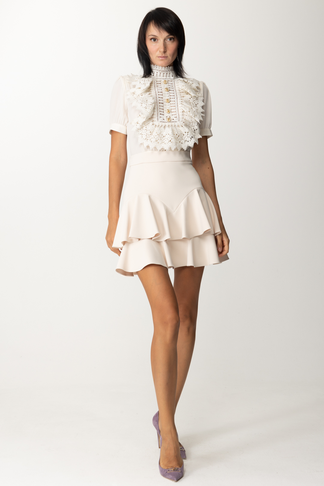 Preview: Elisabetta Franchi Combined mini dress with crochet breastplate Burro