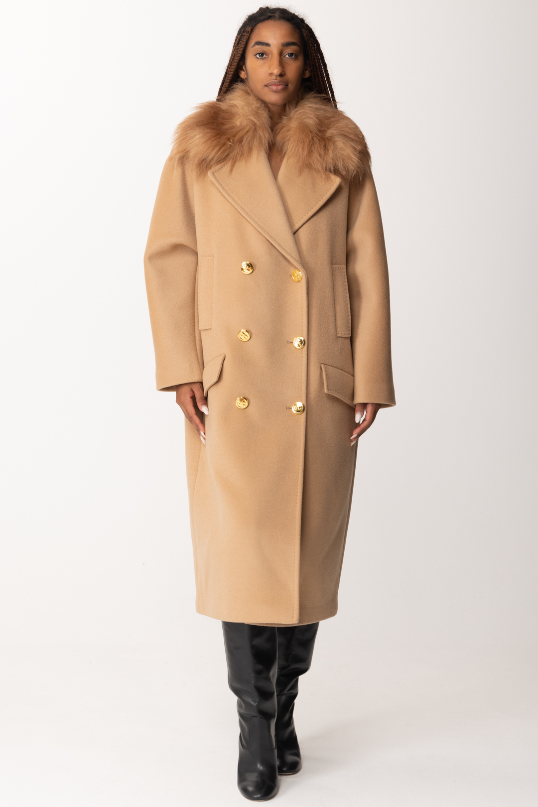 Preview: Elisabetta Franchi Wool coat with fur collar Caramello