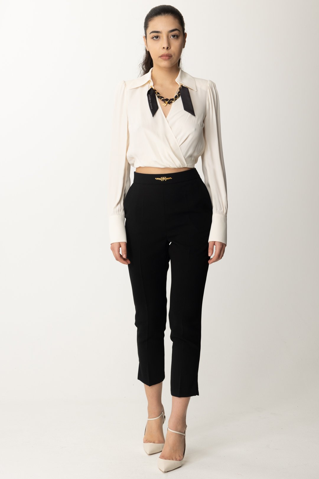Preview: Elisabetta Franchi Cropped shirt with scarf and chain Burro
