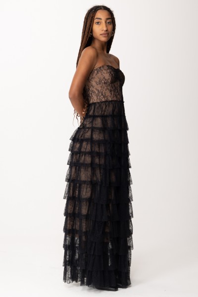 Twin-Set  Long bustier dress with lace and ruffles 232TT2070 NERO
