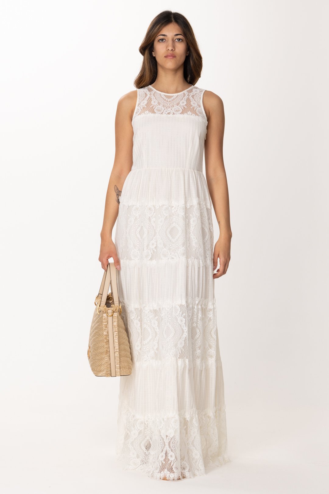 Preview: Twin-Set Muslin and lace sleeveless long dress Avorio