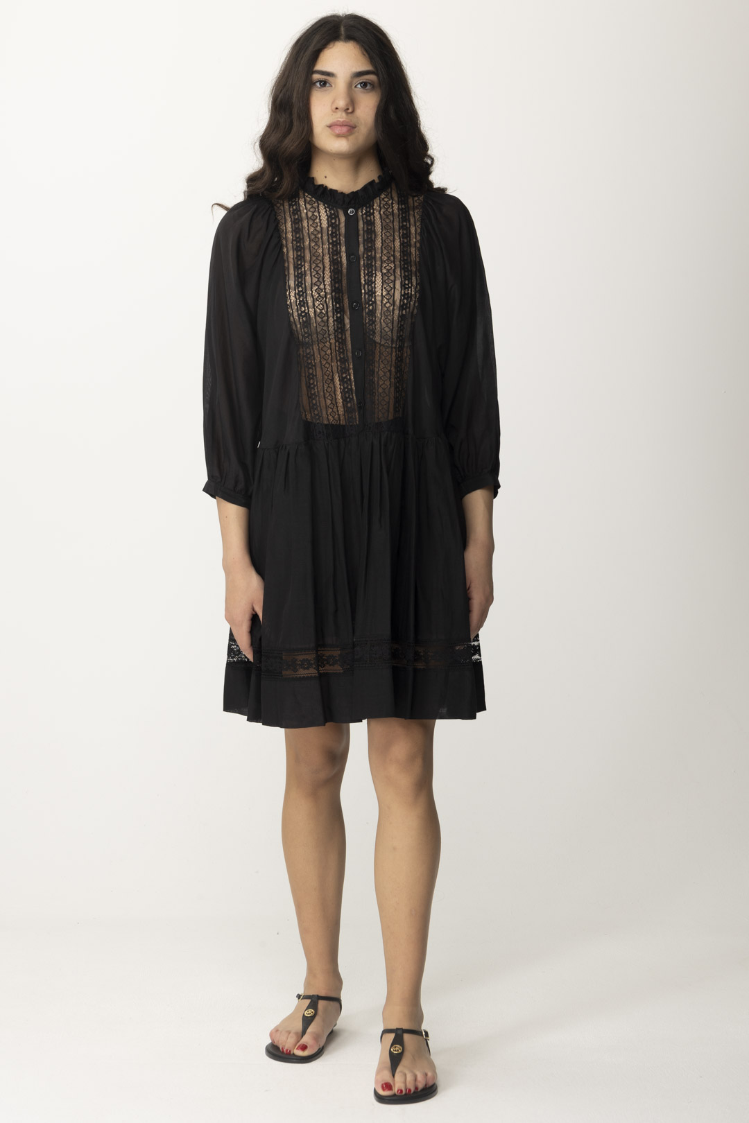 Preview: Semicouture Short lace and muslin Andreina dress Nero