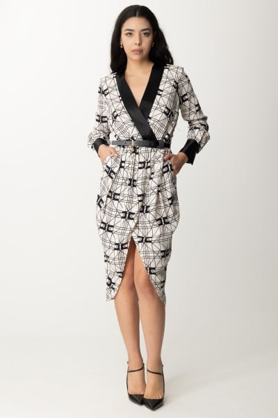 Elisabetta Franchi  Midi dress with mesh print and satin details ABS5241E2 BURRO/NERO