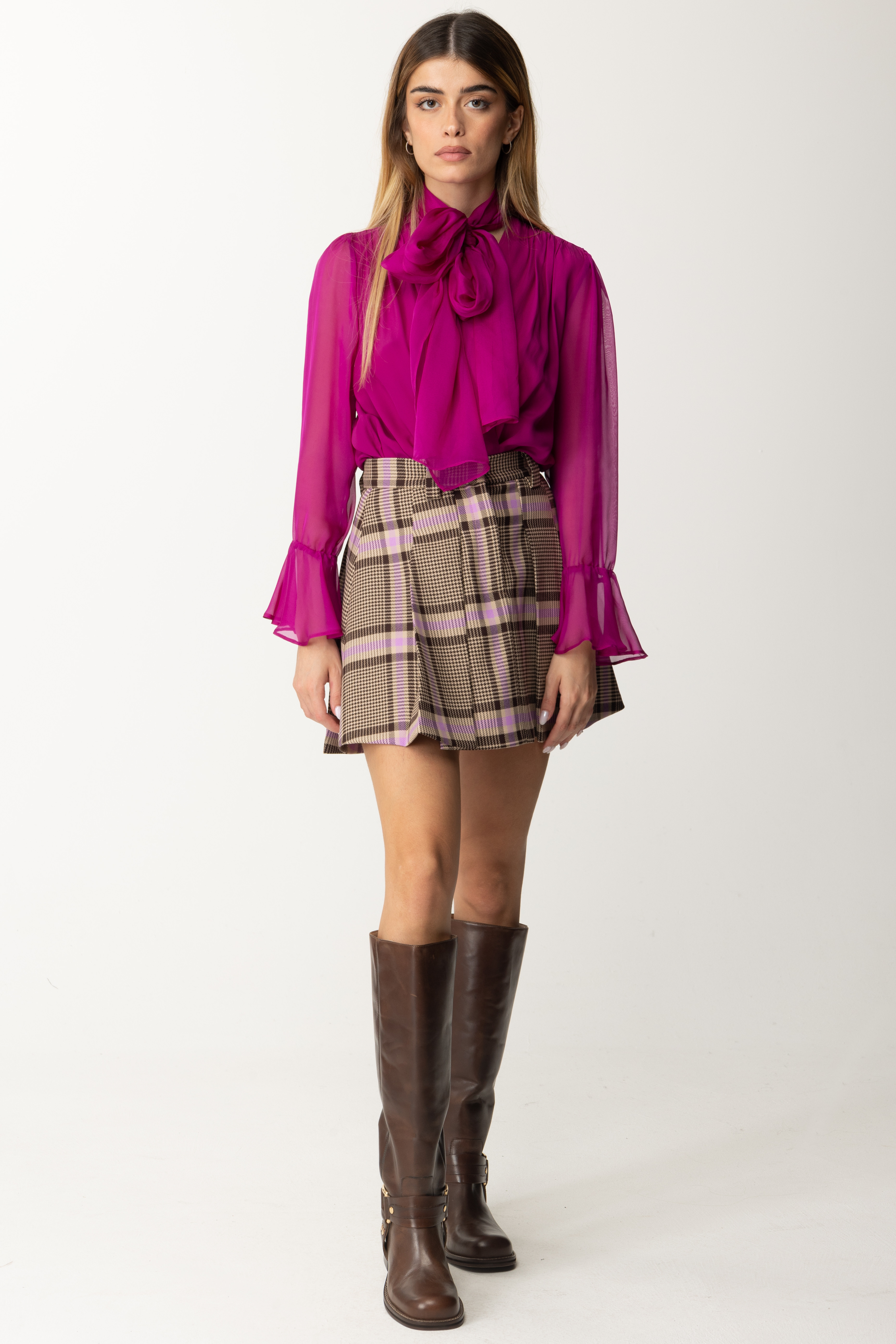 Preview: Simona Corsellini Mini-length skirt in check color with pleats COOL LILAC