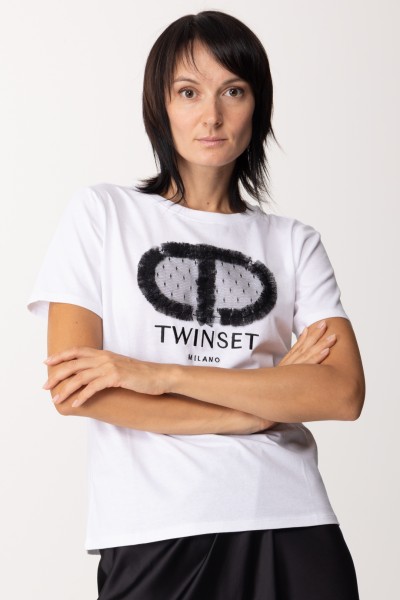 Twin-Set  T-shirt with tulle logo 232TT240B BIANCO RICAMO NERO