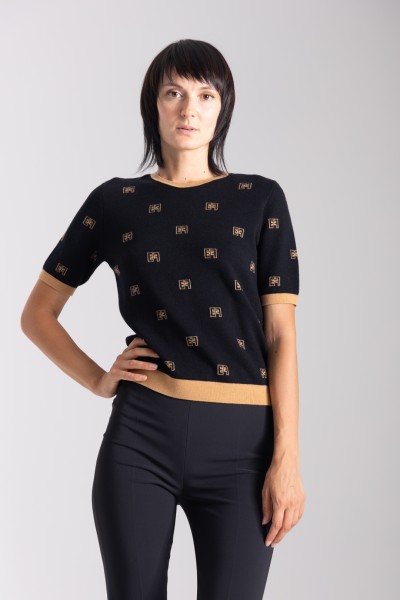 Elisabetta Franchi  T-shirt in maglia con stampa loghi MK66S36E2 NERO/CARAMELLO