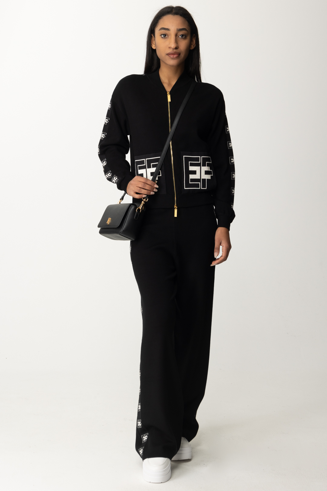 Preview: Elisabetta Franchi Viscose Bomber Jacket with Logo Pockets Nero