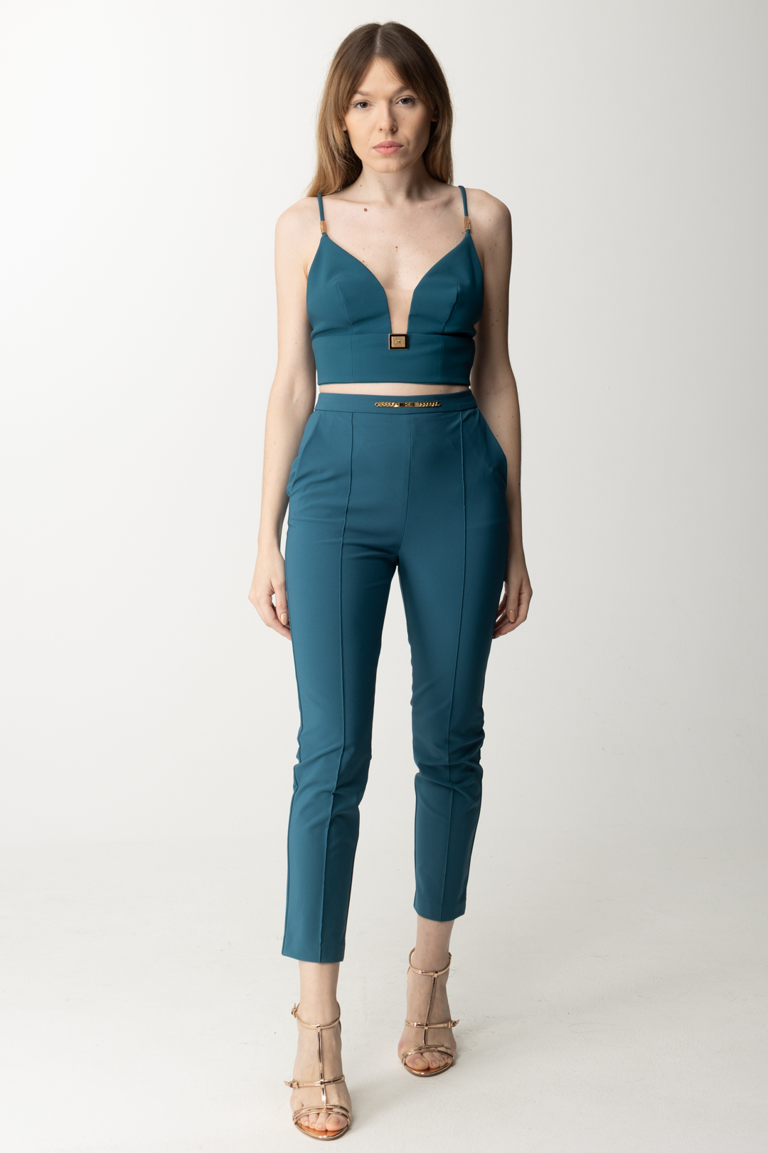 Preview: Elisabetta Franchi Straight trousers with clamp detail Pavone